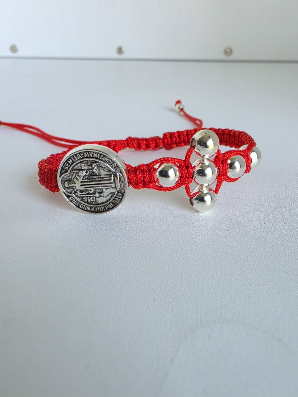 St. Benedict Red Adjustable Bracelet Silver Cross Catholic Protection Handmade
